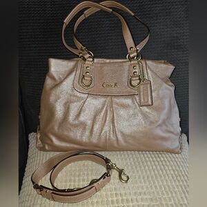 COACH F15513 Ashley Rose Gold Blush Pink Metallic Hobo Leather Handbag Purse